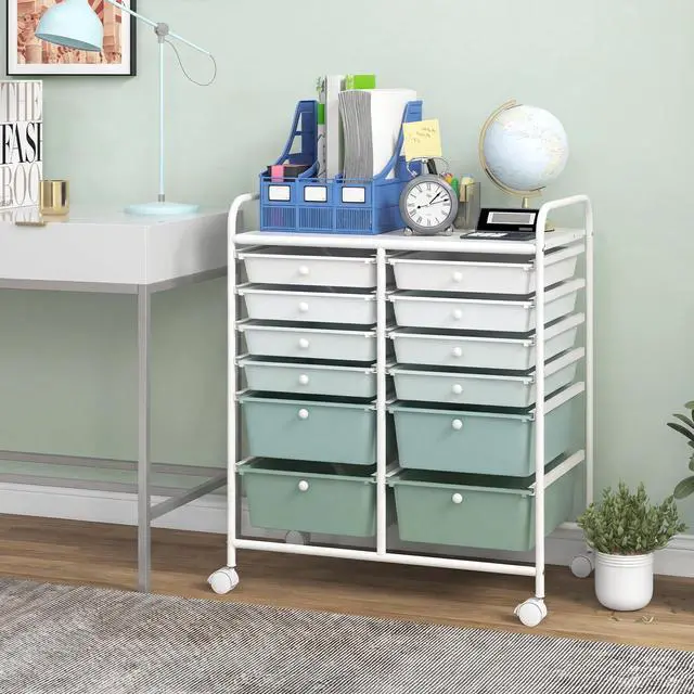 Alt view image 2 of 7 - 12 Drawer Rolling Storage Cart, Utility Cart w/Wheels for Paper Tool Makeup, Art Supplies Craft Organizers for Home Teacher Office School Classroom, Mobile Drawer Carts (Gradient Green)