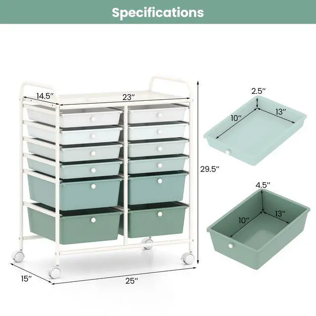 Alt view image 3 of 7 - 12 Drawer Rolling Storage Cart, Utility Cart w/Wheels for Paper Tool Makeup, Art Supplies Craft Organizers for Home Teacher Office School Classroom, Mobile Drawer Carts (Gradient Green)
