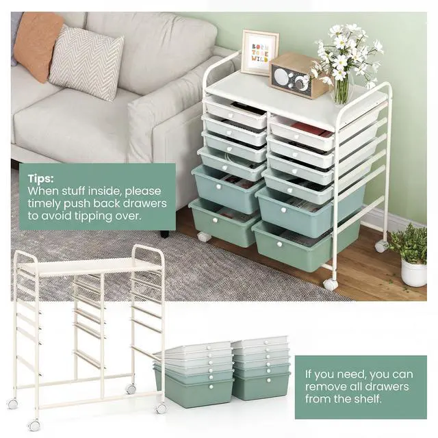 Alt view image 4 of 7 - 12 Drawer Rolling Storage Cart, Utility Cart w/Wheels for Paper Tool Makeup, Art Supplies Craft Organizers for Home Teacher Office School Classroom, Mobile Drawer Carts (Gradient Green)