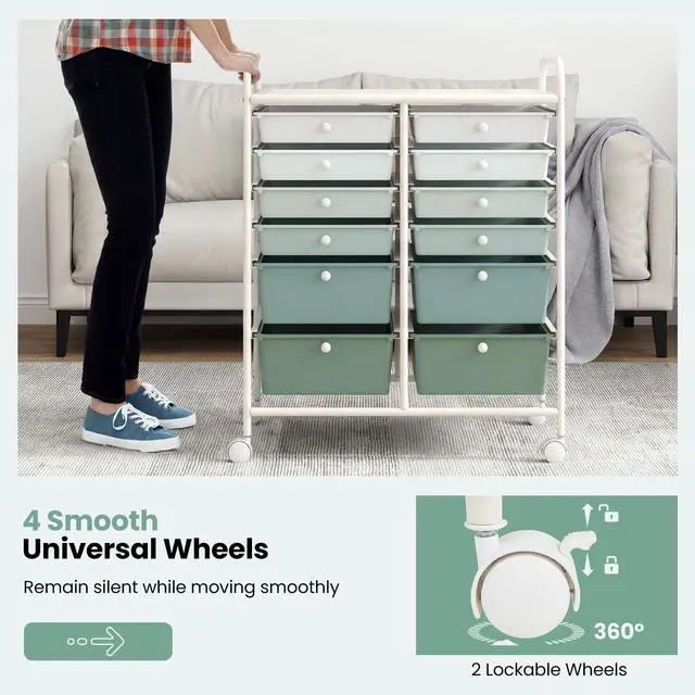 Alt view image 6 of 7 - 12 Drawer Rolling Storage Cart, Utility Cart w/Wheels for Paper Tool Makeup, Art Supplies Craft Organizers for Home Teacher Office School Classroom, Mobile Drawer Carts (Gradient Green)