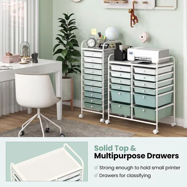 Alt view image 7 of 7 - 12 Drawer Rolling Storage Cart, Utility Cart w/Wheels for Paper Tool Makeup, Art Supplies Craft Organizers for Home Teacher Office School Classroom, Mobile Drawer Carts (Gradient Green)
