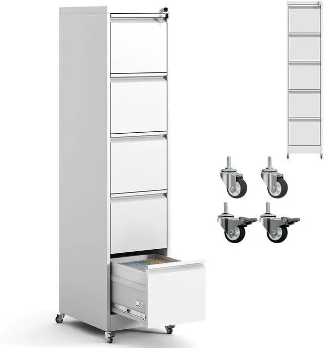 Main image of 5 Drawer Mobile File Cabinet with Lock,White Metal Filing Cabinets | Vertical File Cabinet with Wheels,Heavy Duty Home Office Storage Cabinet for A4/Letter/Legal Size File,Assembly Required