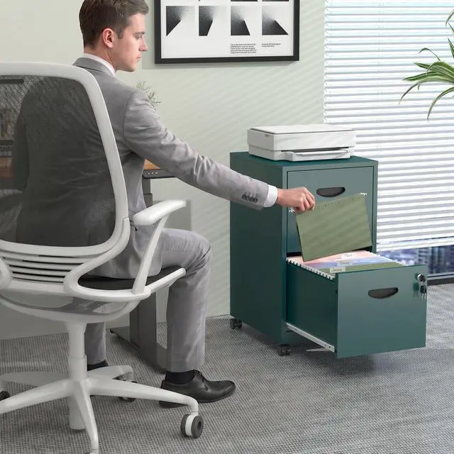 Alt view image 2 of 7 - Metal 2 Drawer File Cabinet with Lock & Wheels for Office, Green | Small Mobile File Cabinets for Home Office, Under Desk Vertical Rolling File Cabinet Fit Hanging Files, Letter & A4 Documents