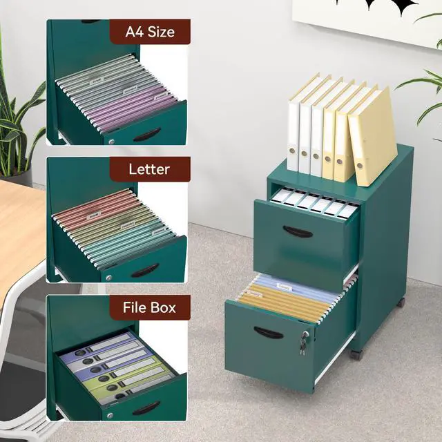 Alt view image 5 of 7 - Metal 2 Drawer File Cabinet with Lock & Wheels for Office, Green | Small Mobile File Cabinets for Home Office, Under Desk Vertical Rolling File Cabinet Fit Hanging Files, Letter & A4 Documents