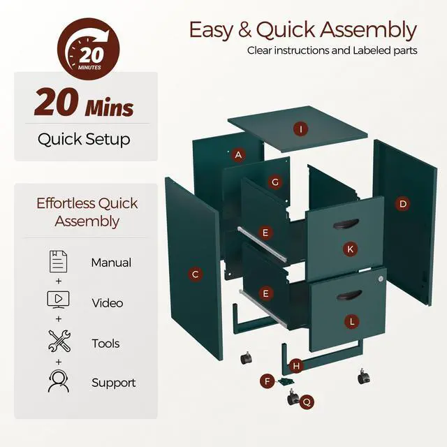 Alt view image 6 of 7 - Metal 2 Drawer File Cabinet with Lock & Wheels for Office, Green | Small Mobile File Cabinets for Home Office, Under Desk Vertical Rolling File Cabinet Fit Hanging Files, Letter & A4 Documents