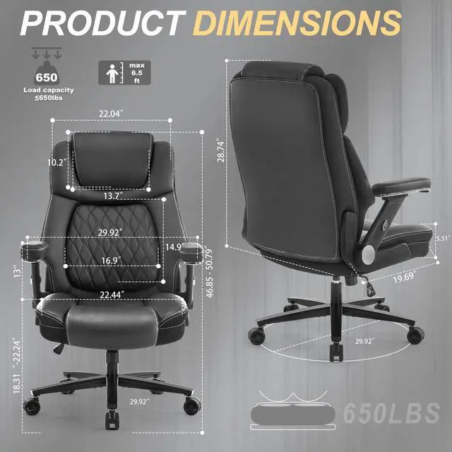 Alt view image 3 of 7 - Big and Tall Office Chair, 650lbs Capacity Wide Office Chair for Heavy People, Ergonomic High Back Office Chair with Upgraded Quiet Rubber Wheel, 5D Flip Arms