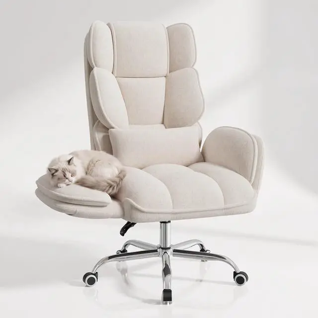 Alt view image 4 of 7 - Big and Tall Office Chair, Flip Armrests with Side Pockets, Comfy Criss Cross Office Chair with Extra-Wide Plush Seat, 150° Reclining Executive Office Chair, Chenille Upholstery, Beige