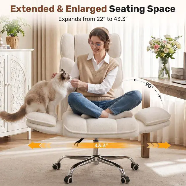 Alt view image 5 of 7 - Big and Tall Office Chair, Flip Armrests with Side Pockets, Comfy Criss Cross Office Chair with Extra-Wide Plush Seat, 150° Reclining Executive Office Chair, Chenille Upholstery, Beige