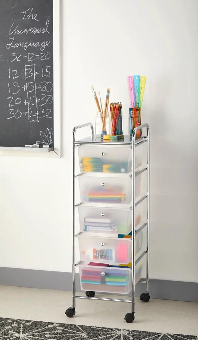 Alt view image 2 of 6 - 5 Drawer Clear Rolling Cart - Mobile Organizer with Removable Drawers, Swivel & Locking Casters, Durable Tubular Frame - 1 Set