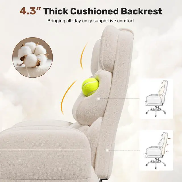 Alt view image 6 of 7 - Big and Tall Office Chair, Flip Armrests with Side Pockets, Comfy Criss Cross Office Chair with Extra-Wide Plush Seat, 150° Reclining Executive Office Chair, Chenille Upholstery, Beige