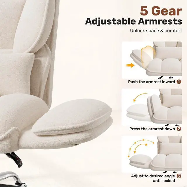 Alt view image 7 of 7 - Big and Tall Office Chair, Flip Armrests with Side Pockets, Comfy Criss Cross Office Chair with Extra-Wide Plush Seat, 150° Reclining Executive Office Chair, Chenille Upholstery, Beige