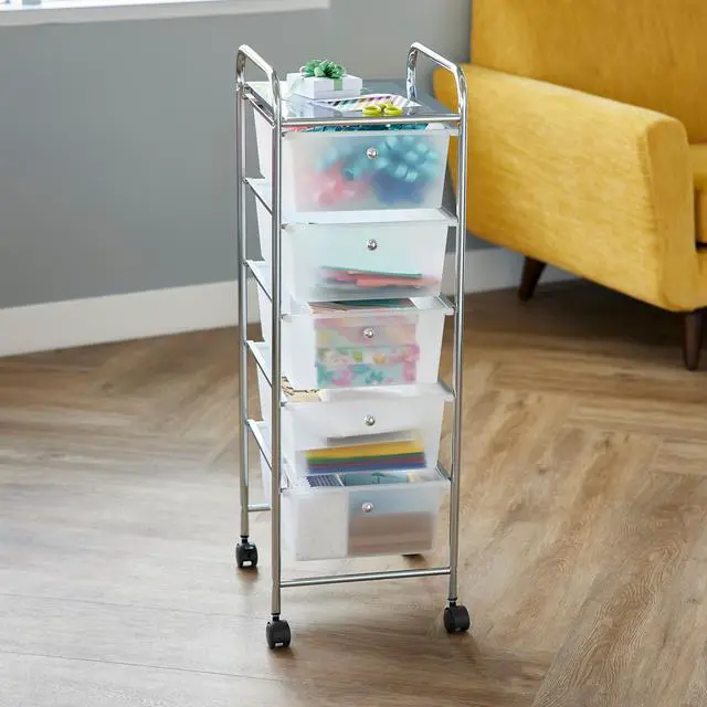 Alt view image 5 of 6 - 5 Drawer Clear Rolling Cart - Mobile Organizer with Removable Drawers, Swivel & Locking Casters, Durable Tubular Frame - 1 Set