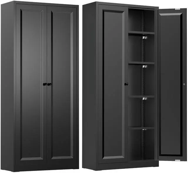 Main image of Metal Storage Cabinet with Magnetic Doors, 63" H Traditional European Style Metal Cabinets with 2 Doors and 4 Adjustable Shelves for Home Office, Kitchen, Bathroom (Black)