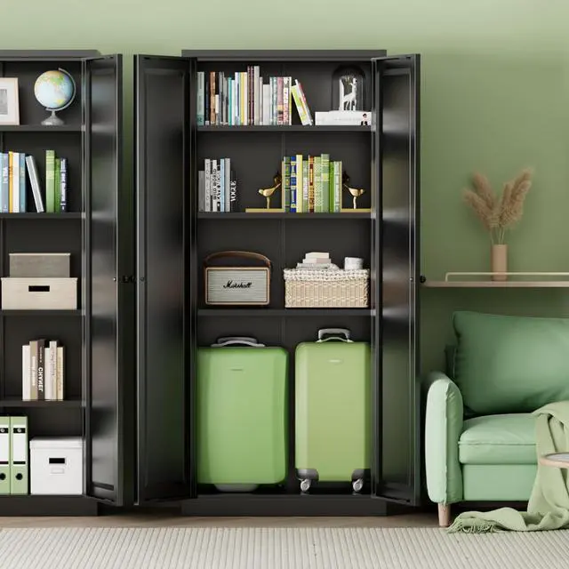 Alt view image 2 of 7 - Metal Storage Cabinet with Magnetic Doors, 63" H Traditional European Style Metal Cabinets with 2 Doors and 4 Adjustable Shelves for Home Office, Kitchen, Bathroom (Black)