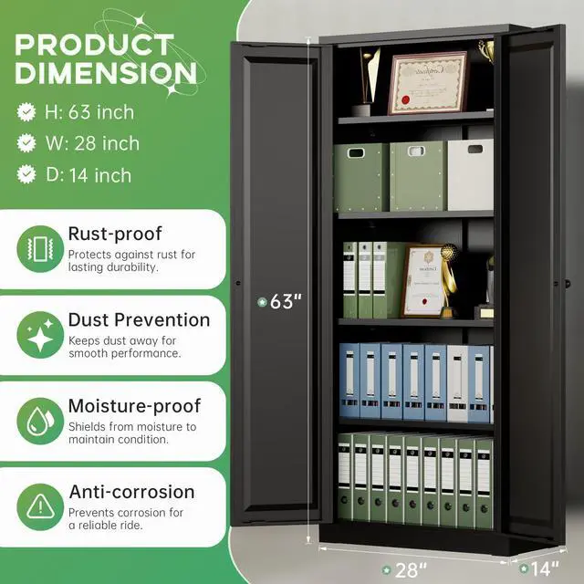 Alt view image 3 of 7 - Metal Storage Cabinet with Magnetic Doors, 63" H Traditional European Style Metal Cabinets with 2 Doors and 4 Adjustable Shelves for Home Office, Kitchen, Bathroom (Black)
