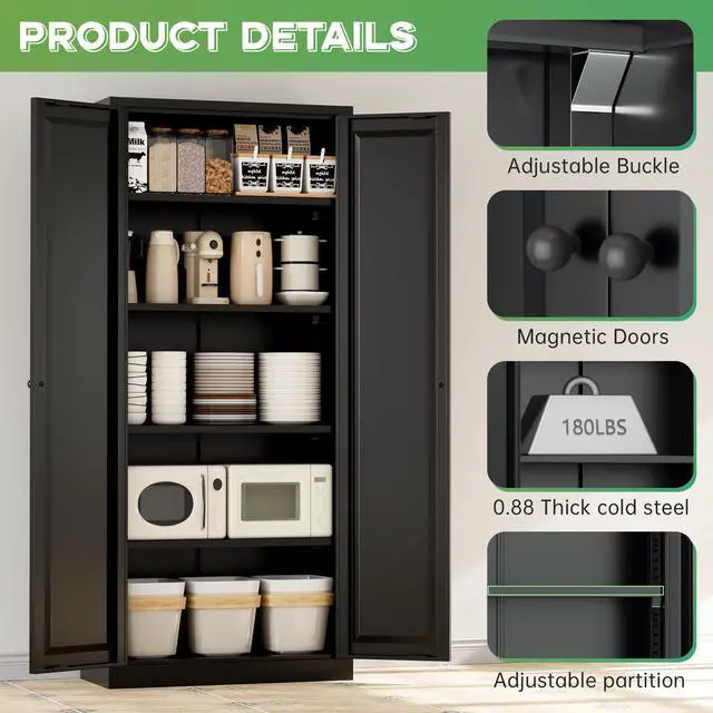 Alt view image 7 of 7 - Metal Storage Cabinet with Magnetic Doors, 63" H Traditional European Style Metal Cabinets with 2 Doors and 4 Adjustable Shelves for Home Office, Kitchen, Bathroom (Black)