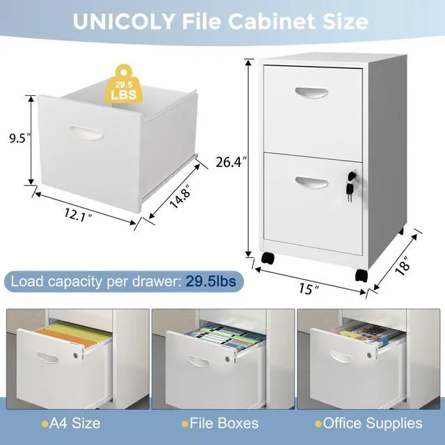 Alt view image 3 of 7 - 2 Drawer File Cabinet with Lock, Metal Filing Cabinets with Wheels | Rolling File Cabinets for Home Office, Office File Cabinet, for Holding Letters and File Boxes, Assembly Required, White