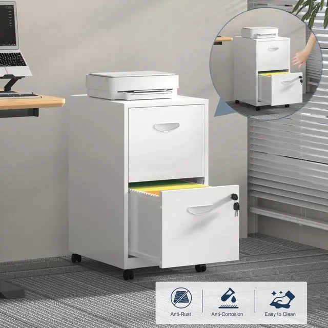 Alt view image 4 of 7 - 2 Drawer File Cabinet with Lock, Metal Filing Cabinets with Wheels | Rolling File Cabinets for Home Office, Office File Cabinet, for Holding Letters and File Boxes, Assembly Required, White