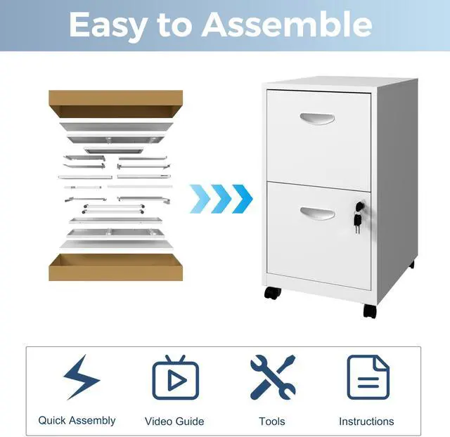 Alt view image 6 of 7 - 2 Drawer File Cabinet with Lock, Metal Filing Cabinets with Wheels | Rolling File Cabinets for Home Office, Office File Cabinet, for Holding Letters and File Boxes, Assembly Required, White