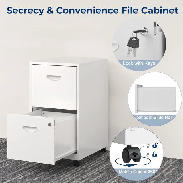 Alt view image 5 of 7 - 2 Drawer File Cabinet with Lock, Metal Filing Cabinets with Wheels | Rolling File Cabinets for Home Office, Office File Cabinet, for Holding Letters and File Boxes, Assembly Required, White