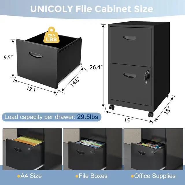 Alt view image 3 of 6 - 2 Drawer File Cabinet with Lock, Metal Filing Cabinets with Wheels | Rolling File Cabinets for Home Office, Office File Cabinet, for Holding Letters and File Boxes, Assembly Required, Black