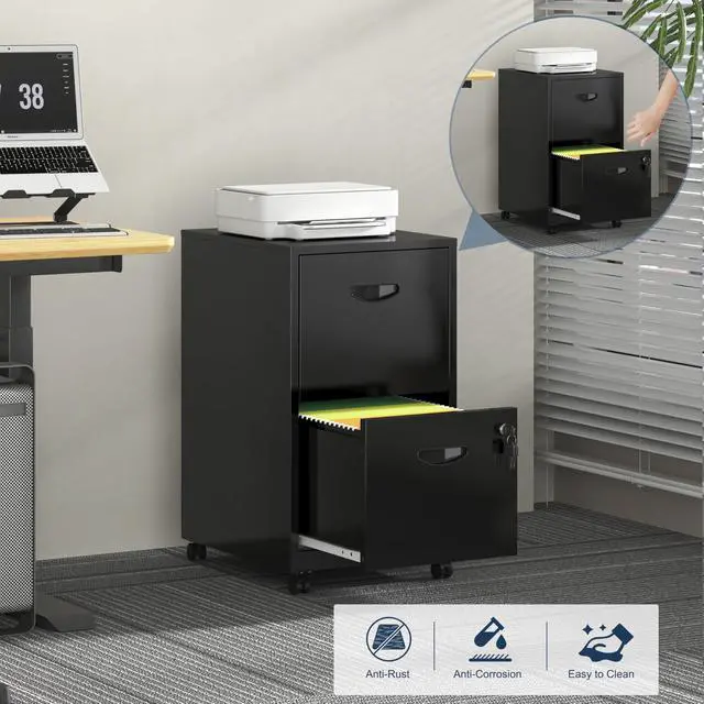 Alt view image 4 of 6 - 2 Drawer File Cabinet with Lock, Metal Filing Cabinets with Wheels | Rolling File Cabinets for Home Office, Office File Cabinet, for Holding Letters and File Boxes, Assembly Required, Black