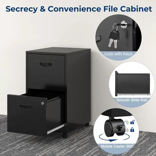 Alt view image 5 of 6 - 2 Drawer File Cabinet with Lock, Metal Filing Cabinets with Wheels | Rolling File Cabinets for Home Office, Office File Cabinet, for Holding Letters and File Boxes, Assembly Required, Black