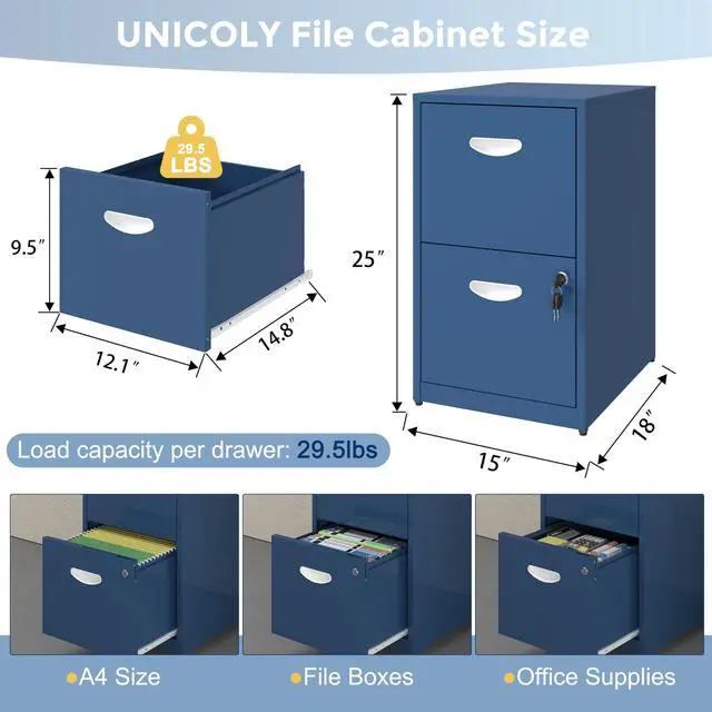 Alt view image 3 of 7 - 2 Drawer File Cabinet with Lock, Metal Filing Cabinet for Office | Small Filing Cabinet Under Desk Storage, Printer Stand, for Letters and File Boxes, Assembly Required, Blue