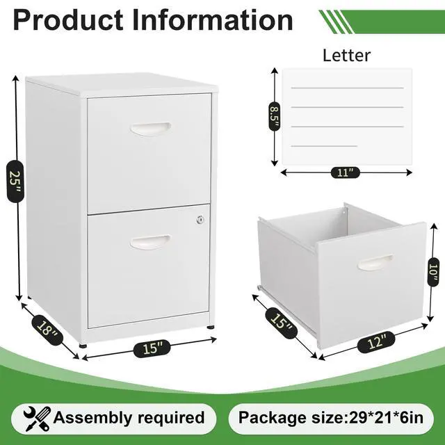 Alt view image 3 of 7 - 2 Drawer File Cabinet with Lock,White Small Filing Cabinet for Home Office, Metal Vertical File Under Desk Cabinets for A4/Letter,Assembly Required
