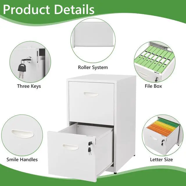 Alt view image 4 of 7 - 2 Drawer File Cabinet with Lock,White Small Filing Cabinet for Home Office, Metal Vertical File Under Desk Cabinets for A4/Letter,Assembly Required