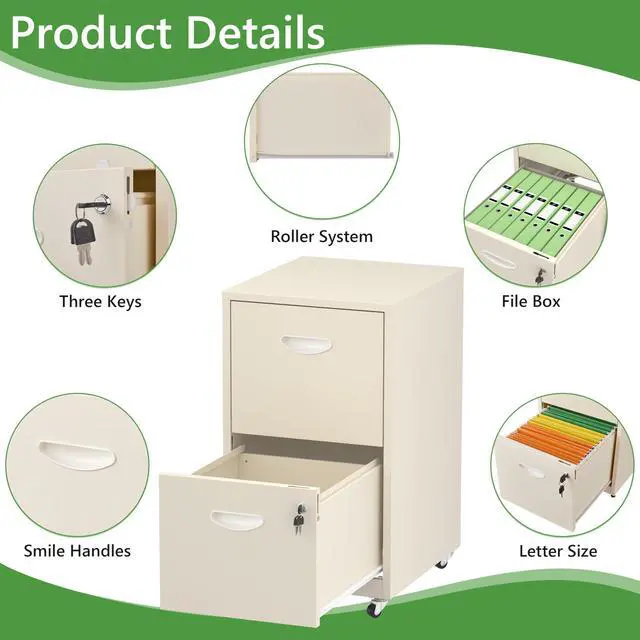 Alt view image 4 of 7 - 2 Drawer Rolling File Cabinet with Lock,Filing Cabinets for Home Office,Two Drawer File Cabinet, Mobile Under Desk Cabinets,Printer Stand with Wheels Fit Letter/A4,Assembly Required