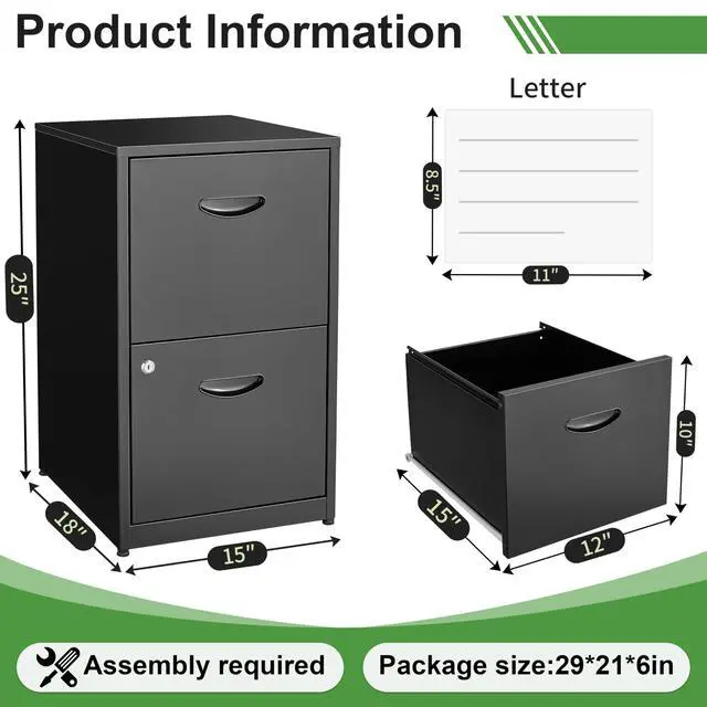 Alt view image 3 of 7 - 2 Drawer File Cabinet with Lock,Black Small Filing Cabinet for Home Office, Metal Vertical File Under Desk Cabinets for A4/Letter,Assembly Required