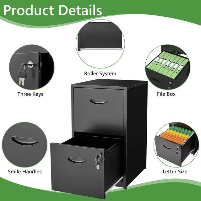 Alt view image 4 of 7 - 2 Drawer File Cabinet with Lock,Black Small Filing Cabinet for Home Office, Metal Vertical File Under Desk Cabinets for A4/Letter,Assembly Required