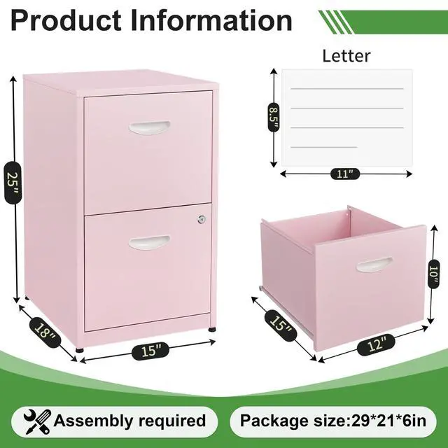 Alt view image 3 of 7 - 2 Drawer File Cabinet with Lock,Small Filing Cabinet for Home Office,Metal Vertical File Under Desk Cabinets for A4/Letter,Assembly Required,Pink