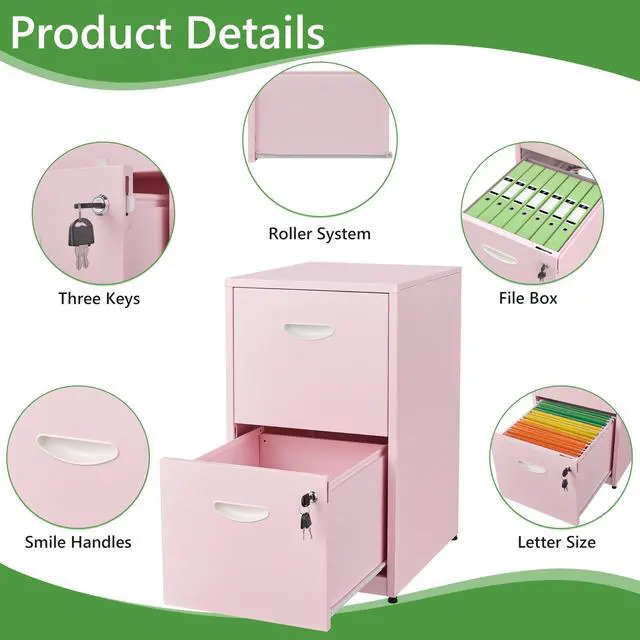 Alt view image 4 of 7 - 2 Drawer File Cabinet with Lock,Small Filing Cabinet for Home Office,Metal Vertical File Under Desk Cabinets for A4/Letter,Assembly Required,Pink
