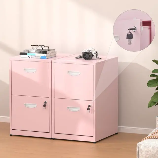 Alt view image 6 of 7 - 2 Drawer File Cabinet with Lock,Small Filing Cabinet for Home Office,Metal Vertical File Under Desk Cabinets for A4/Letter,Assembly Required,Pink