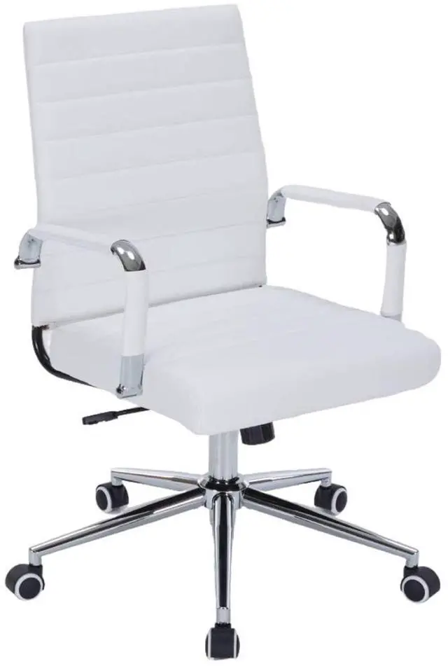 Main image of White Desk Chair with Wheels, Leather Office Chair with Back | Ergonomic Mid-Back Office Chair with Arms, Executive Swivel Rolling Chair for Office, Home Workspace and Conference Room