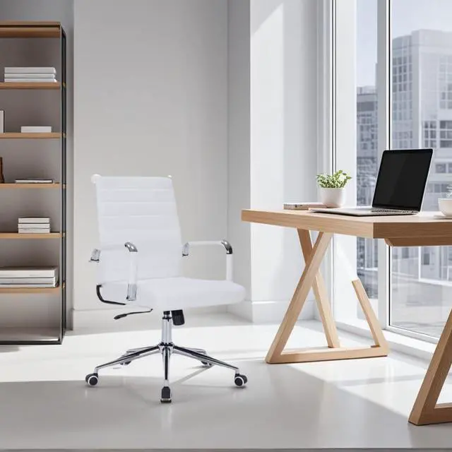 Alt view image 2 of 7 - White Desk Chair with Wheels, Leather Office Chair with Back | Ergonomic Mid-Back Office Chair with Arms, Executive Swivel Rolling Chair for Office, Home Workspace and Conference Room