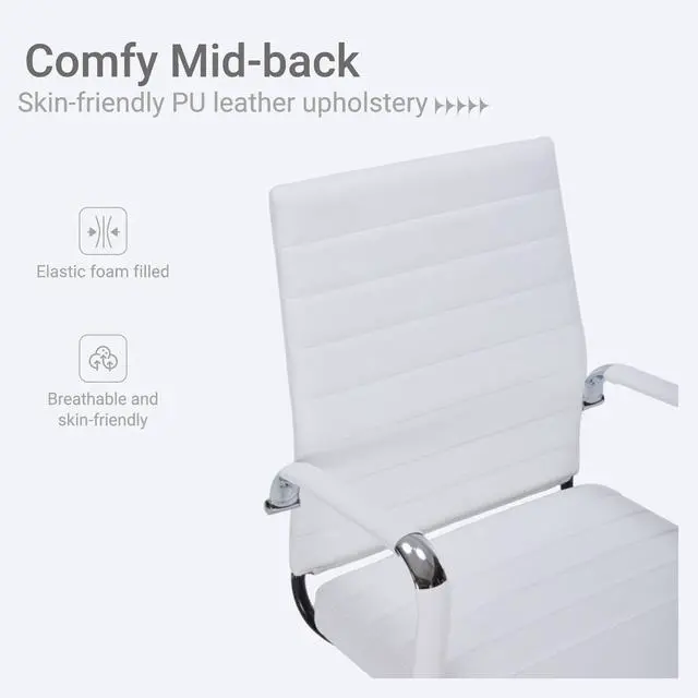 Alt view image 5 of 7 - White Desk Chair with Wheels, Leather Office Chair with Back | Ergonomic Mid-Back Office Chair with Arms, Executive Swivel Rolling Chair for Office, Home Workspace and Conference Room