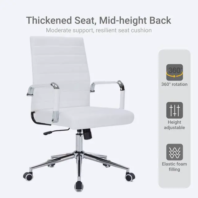 Alt view image 4 of 7 - White Desk Chair with Wheels, Leather Office Chair with Back | Ergonomic Mid-Back Office Chair with Arms, Executive Swivel Rolling Chair for Office, Home Workspace and Conference Room