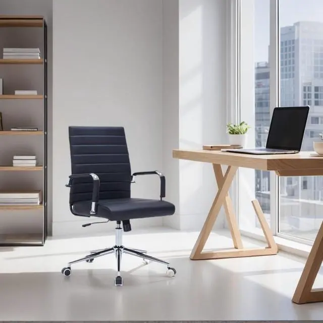 Alt view image 2 of 7 - Black Office Desk Chair with Wheels, Swivel Conference Room Chair | Leather Office Chair Back Support, Height Adjustment and Smooth Rolling Casters, Modern Conference Chair for Home Office