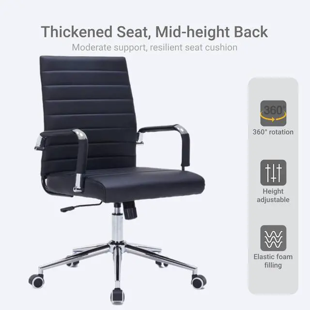 Alt view image 4 of 7 - Black Office Desk Chair with Wheels, Swivel Conference Room Chair | Leather Office Chair Back Support, Height Adjustment and Smooth Rolling Casters, Modern Conference Chair for Home Office