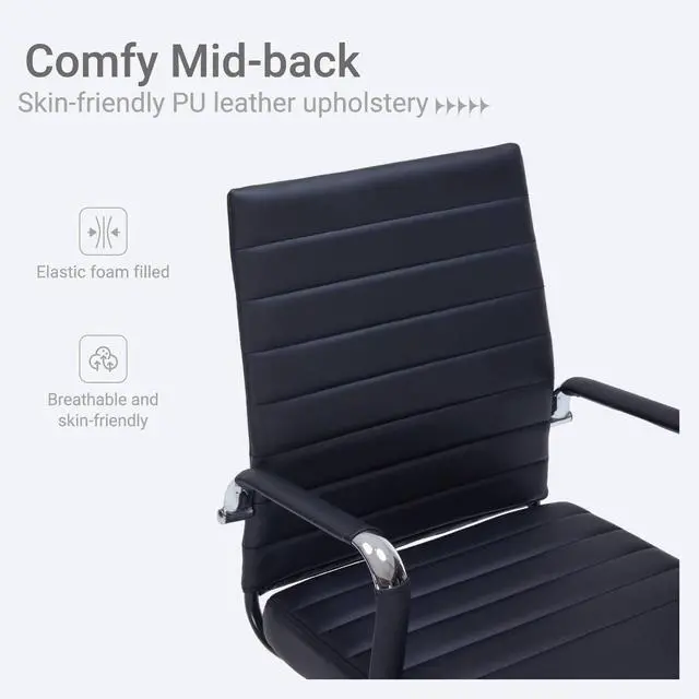 Alt view image 5 of 7 - Black Office Desk Chair with Wheels, Swivel Conference Room Chair | Leather Office Chair Back Support, Height Adjustment and Smooth Rolling Casters, Modern Conference Chair for Home Office