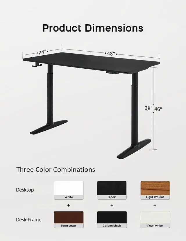 Alt view image 2 of 7 - Electric Standing Desk, Height Adjustable Desk with Round Tube Legs, 48 x 24 Inches Memory Sit Stand up Desk, Home Office Workstation (Black Desktop + Black Leg)