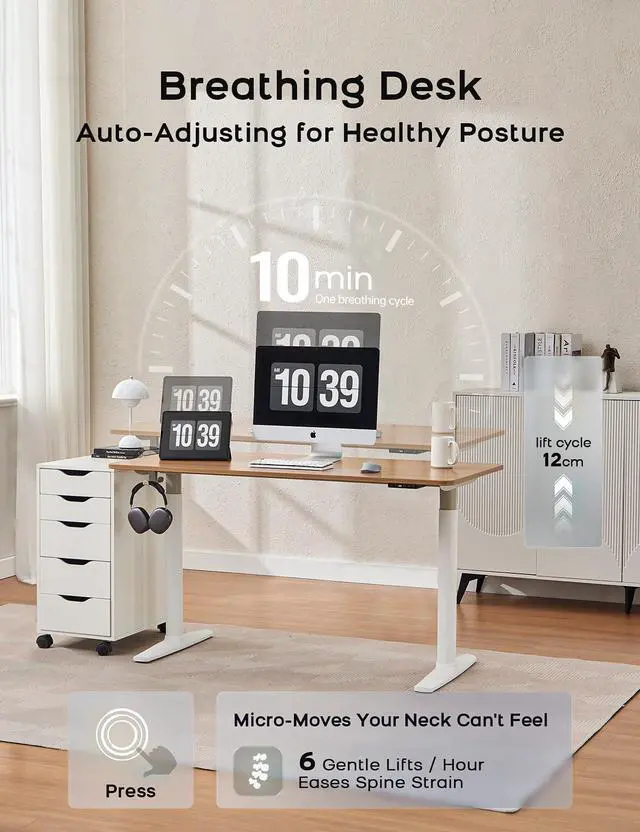 Alt view image 3 of 7 - Electric Standing Desk, Height Adjustable Desk with Round Tube Legs, 48 x 24 Inches Memory Sit Stand up Desk, Home Office Workstation (White Desktop + Brown Leg)