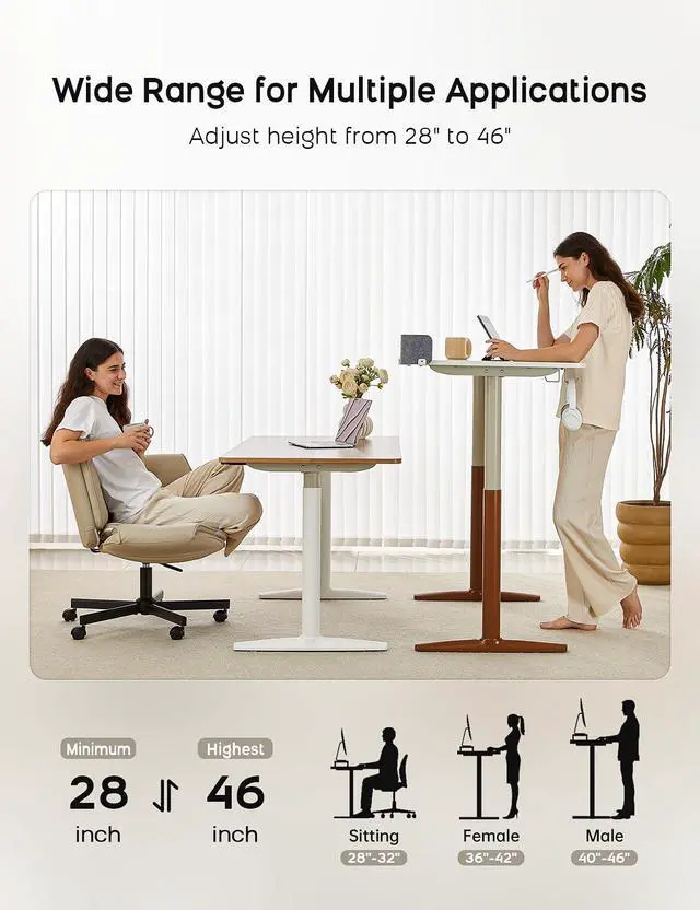 Alt view image 6 of 7 - Electric Standing Desk, Height Adjustable Desk with Round Tube Legs, 48 x 24 Inches Memory Sit Stand up Desk, Home Office Workstation (White Desktop + Brown Leg)