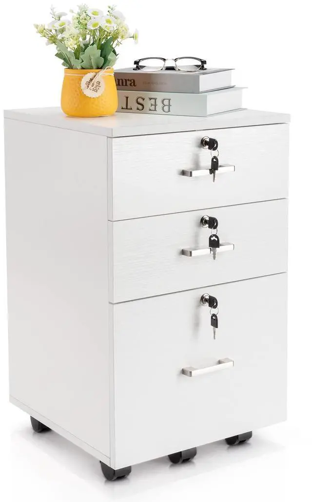 Main image of Wooden File Cabinet, 3 Drawer Vertical File Cabinets with 3 Lock | Printer Stand Mobile Storage Cabinet,Filing Storage Drawer for Home,Office,White(15.75" L x 15.75" W x 26.1" H)
