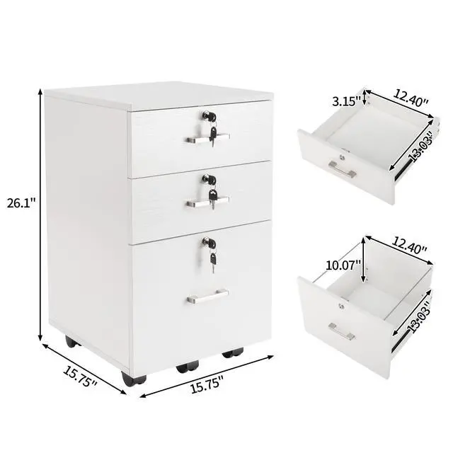 Alt view image 3 of 7 - Wooden File Cabinet, 3 Drawer Vertical File Cabinets with 3 Lock | Printer Stand Mobile Storage Cabinet,Filing Storage Drawer for Home,Office,White(15.75" L x 15.75" W x 26.1" H)