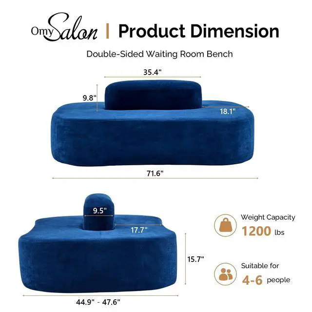 Alt view image 3 of 7 - 71.6'' Double-Sided Plush Waiting Room Bench, Fully Assembled, Seating for 4-6 People, Lobby Furniture for Beauty Salon, SPA & Office Lobby, Blue