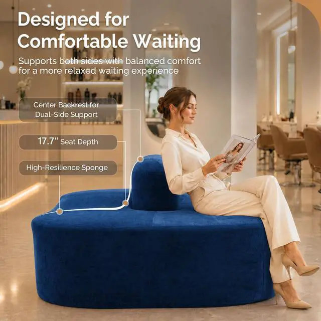 Alt view image 5 of 7 - 71.6'' Double-Sided Plush Waiting Room Bench, Fully Assembled, Seating for 4-6 People, Lobby Furniture for Beauty Salon, SPA & Office Lobby, Blue